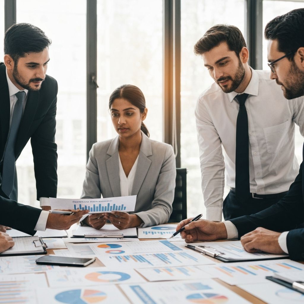 Equipo financiero trabajando en análisis de optimización de flujo de efectivo y capital de trabajo